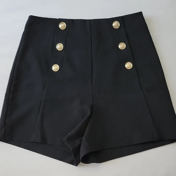 Zara Black High-Waist Sailor Shorts with Gold Buttons - Picture 1 of 6